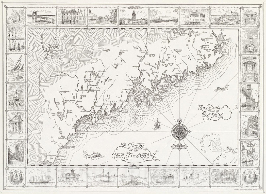 Historical Map, 1933 A Chart of The Coast of Maine, Vintage Wall Art