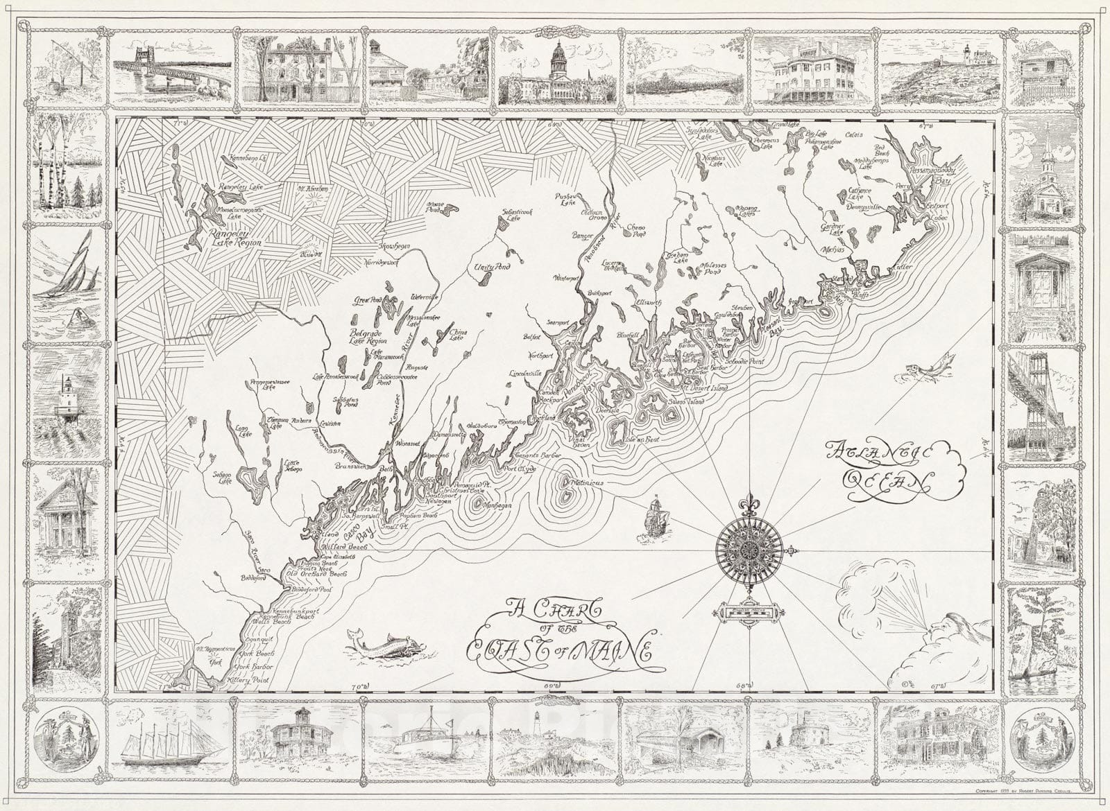 Historical Map, 1933 A Chart of The Coast of Maine, Vintage Wall Art