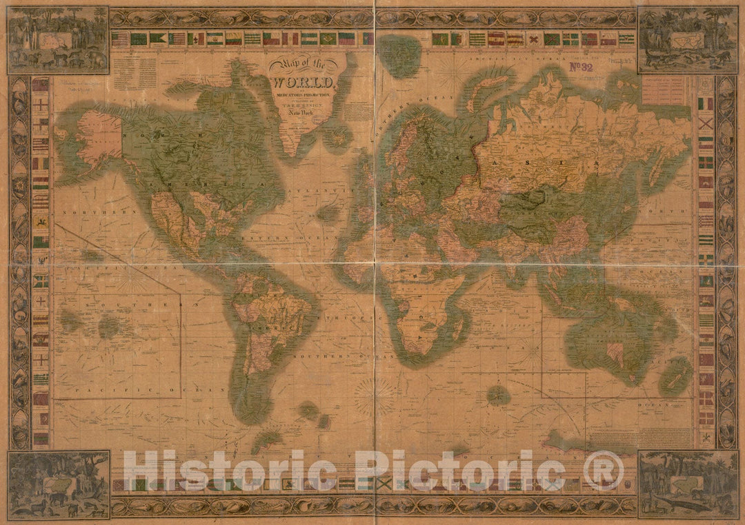 Historical Map, 1846 Map of the world, on Mercator's projection, Vintage Wall Art