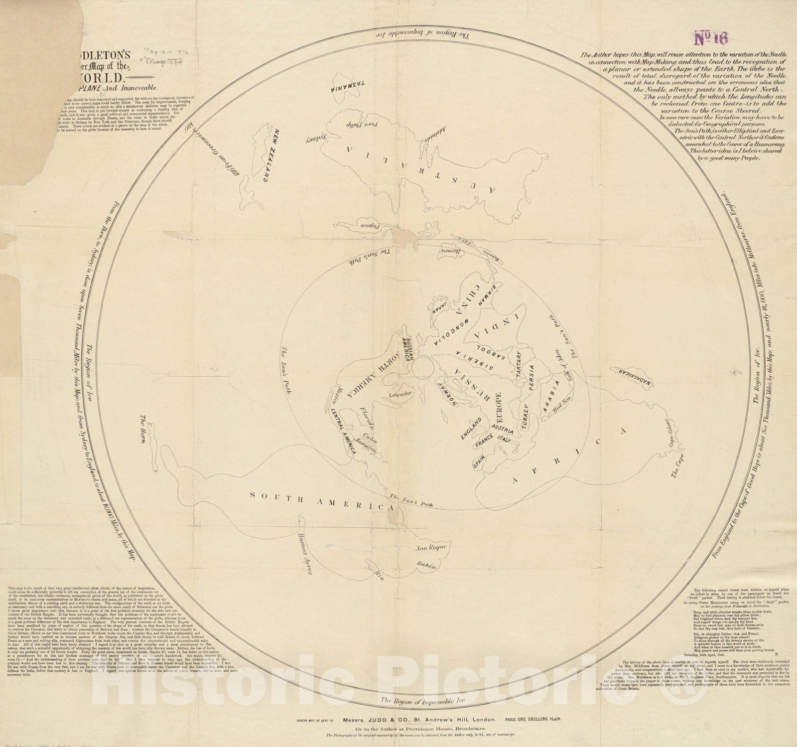 Historical Map, 1878-1899 [Mid] dleton's [pione] er map of The [w] orld, [as a?] Plane and immoveable, Vintage Wall Art