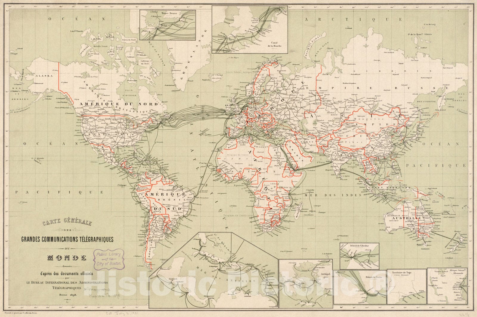 Historical Map, 1898 Carte generale des Grandes Communications telegraphiques du Monde, Vintage Wall Art