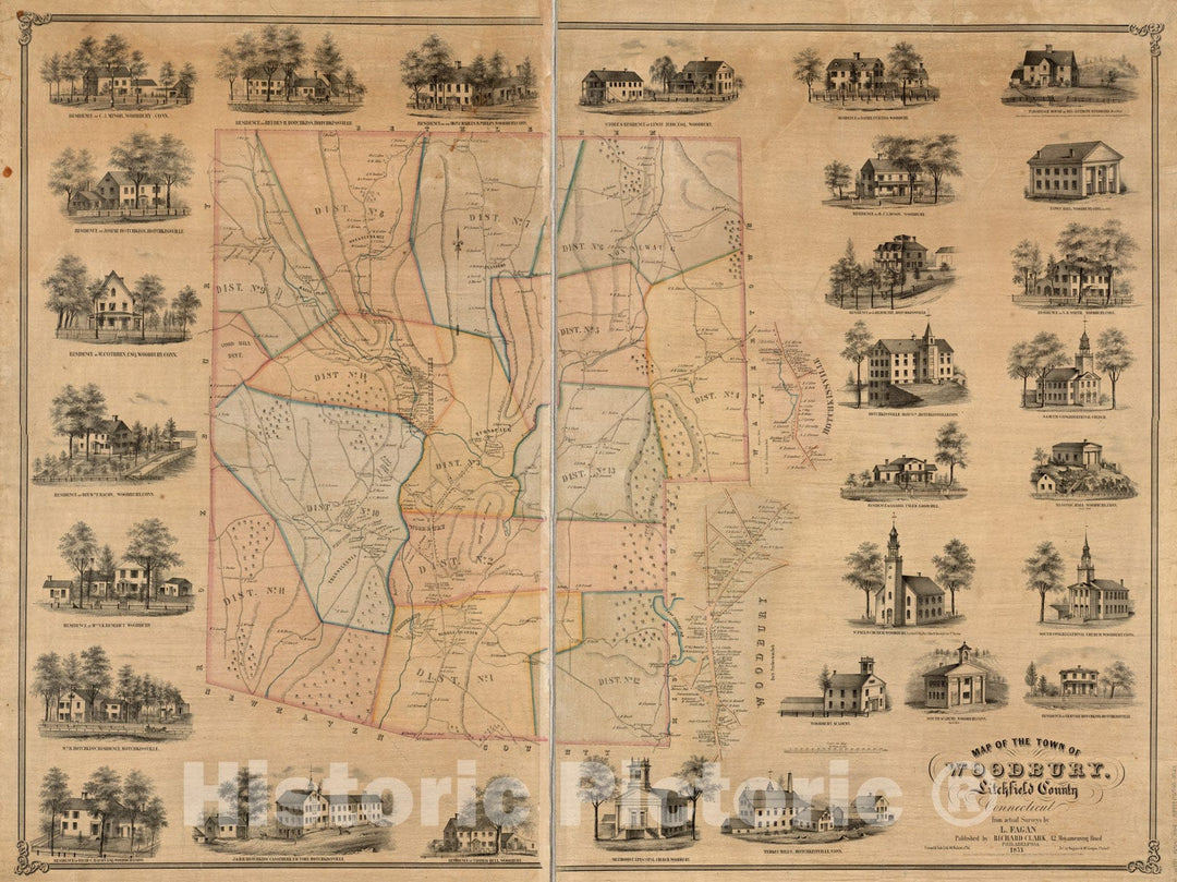 Historical Map, 1853 Map of The Town of Woodbury, Litchfield County, Connecticut, Vintage Wall Art