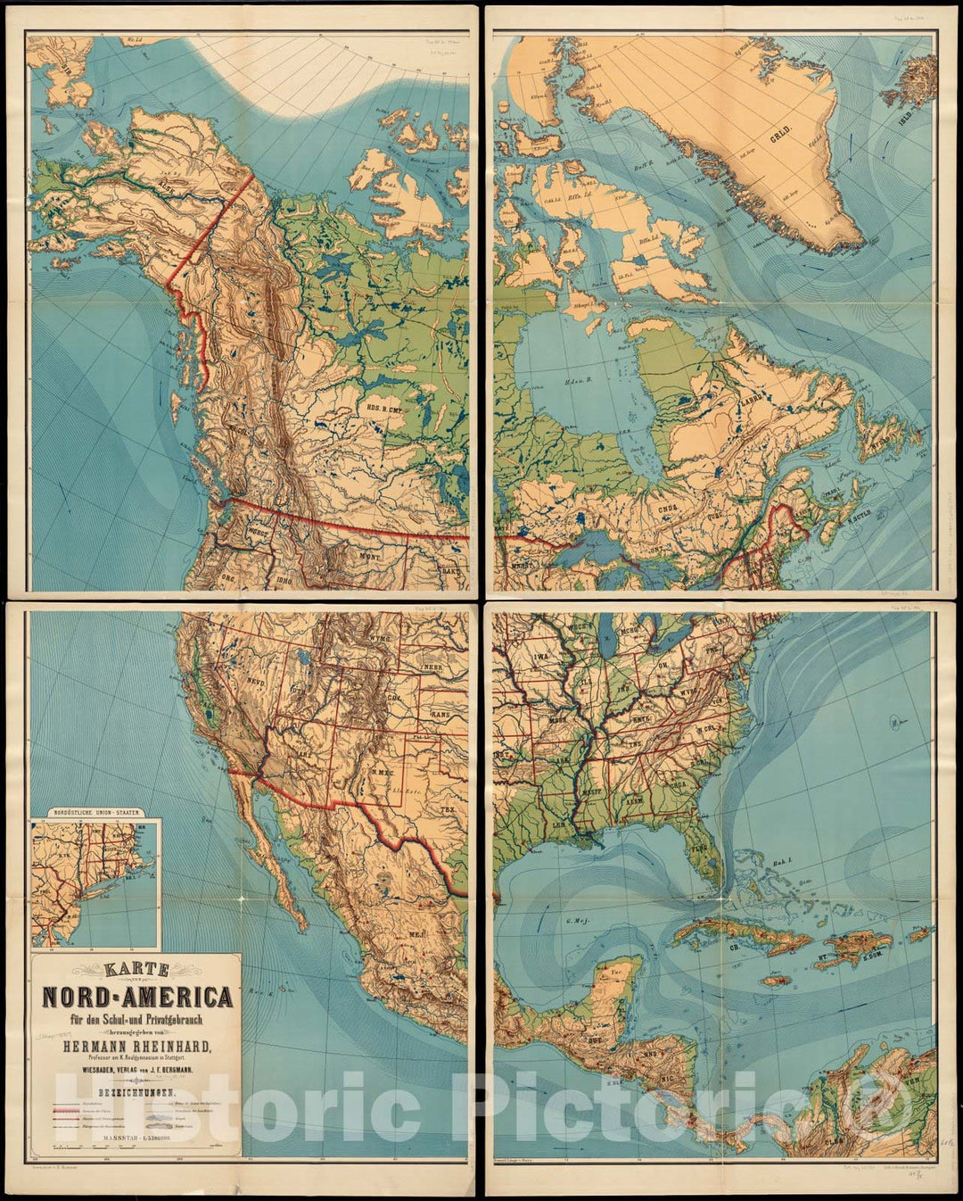 Historical Map, 1880-1889 Karte von Nord-America fuIË†r den schul- und privatgebrauch, Vintage Wall Art