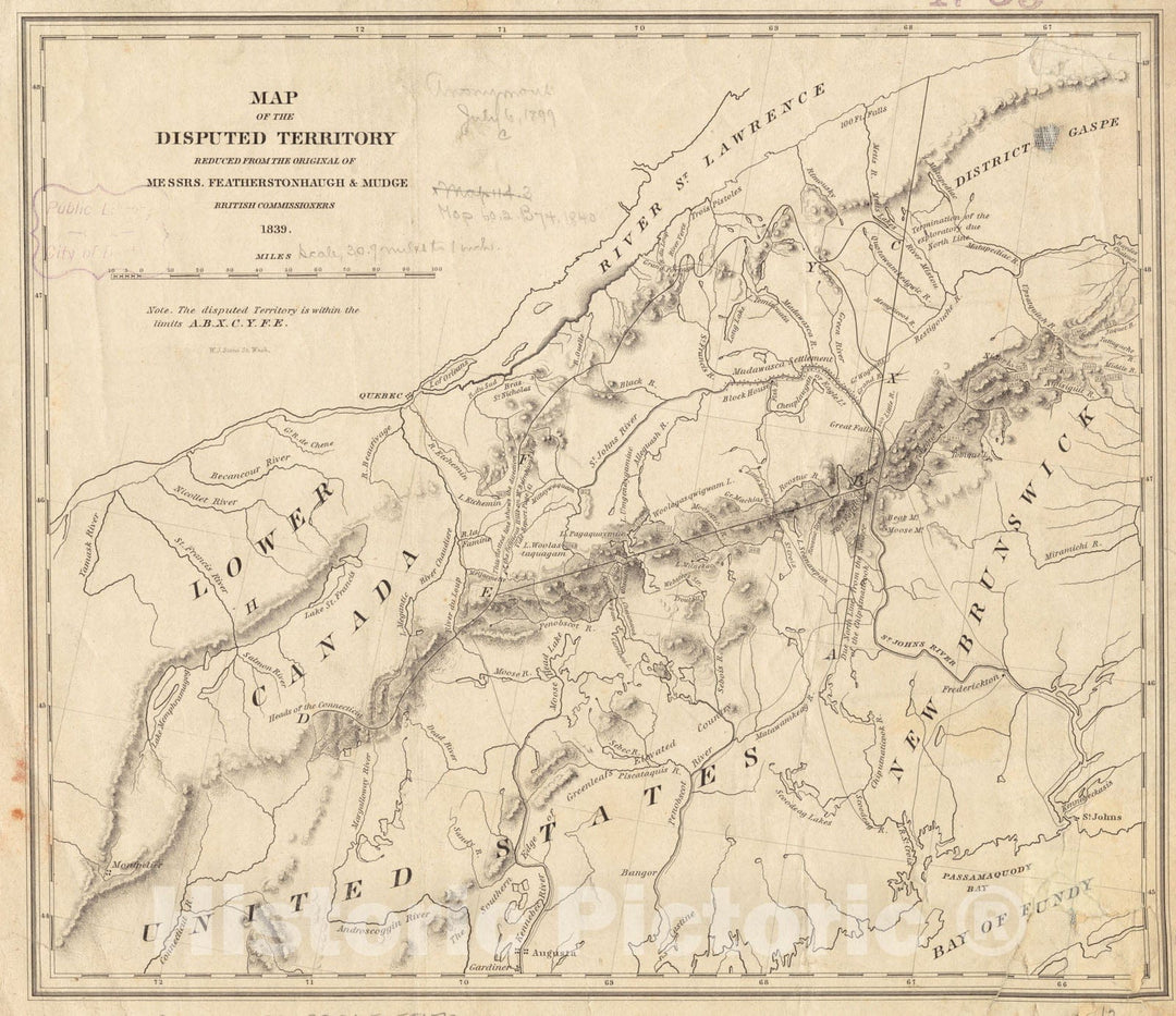 Historical Map, 1839 Map of The disputed Territory [Maine] : Reduced from The Original of Messrs. Featherstonehaugh & Mudge, British commissioners, Vintage Wall Art