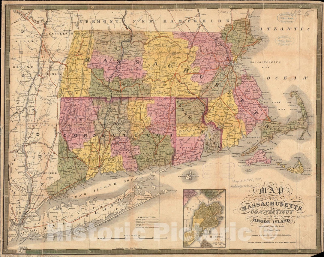 Historical Map, 1849 Map of Massachusetts, Connecticut and Rhode Island Constructed from The Latest Authorities, Vintage Wall Art