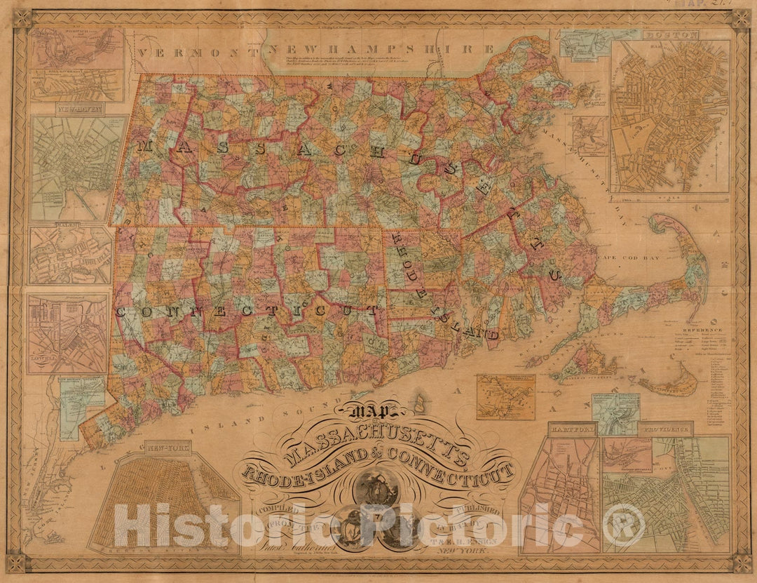 Historical Map, 1843 Map of Massachusetts, Rhode-Island & Connecticut : compiled from The Latest Authorities, Vintage Wall Art