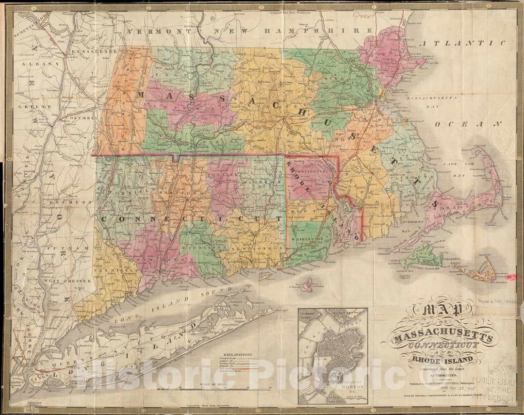 Historical Map, 1843 Map of Massachusetts, Connecticut and Rhode Island Constructed from The Latest Authorities, Vintage Wall Art