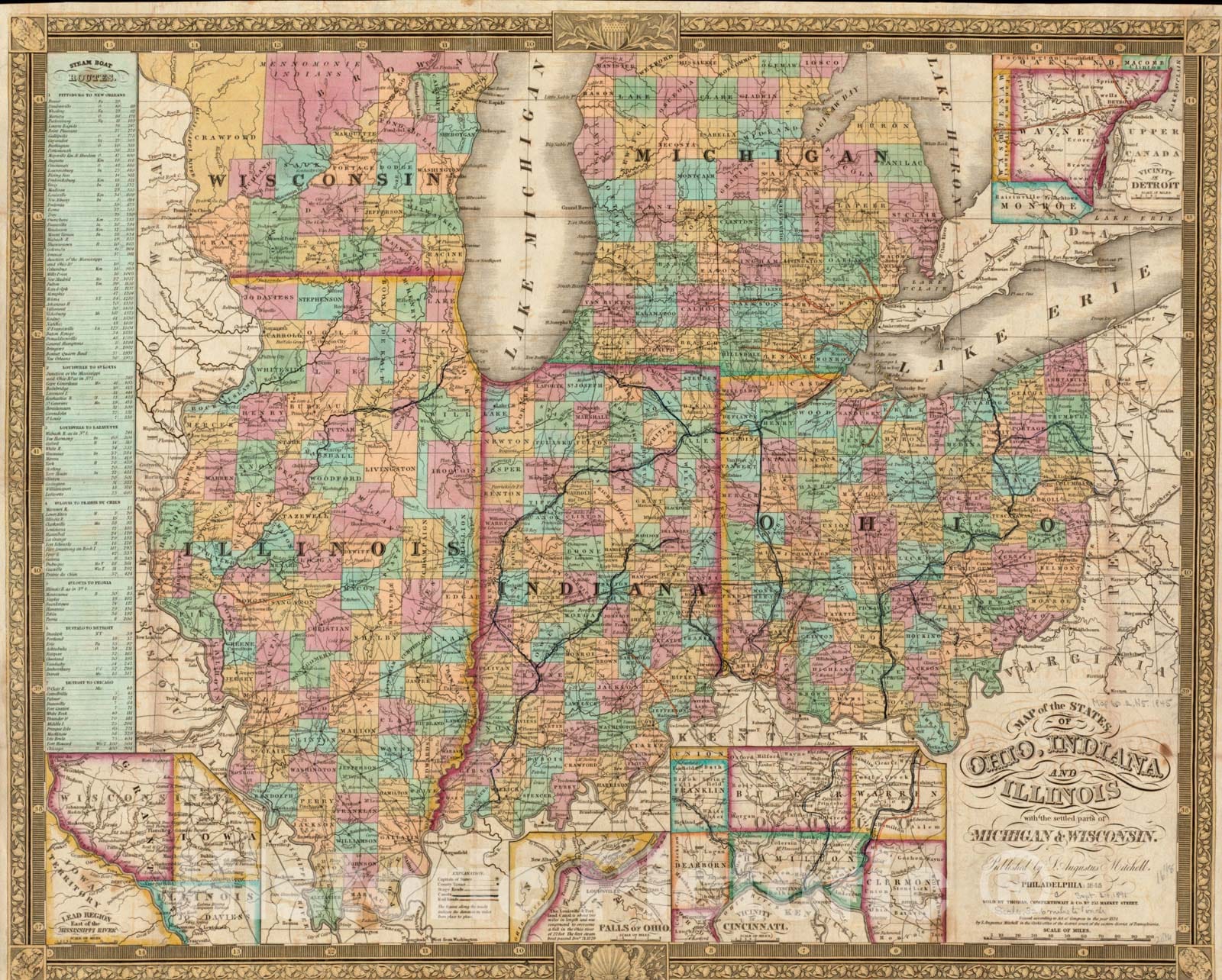 Historical Map, 1845 Map of The States of Ohio, Indiana and Illinois with The Settled Parts of Michigan & Wisconsin, Vintage Wall Art