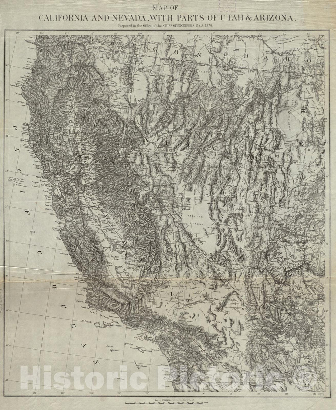 Historical Map, 1879 Map of California and Nevada, with Parts of Utah & Arizona, Vintage Wall Art
