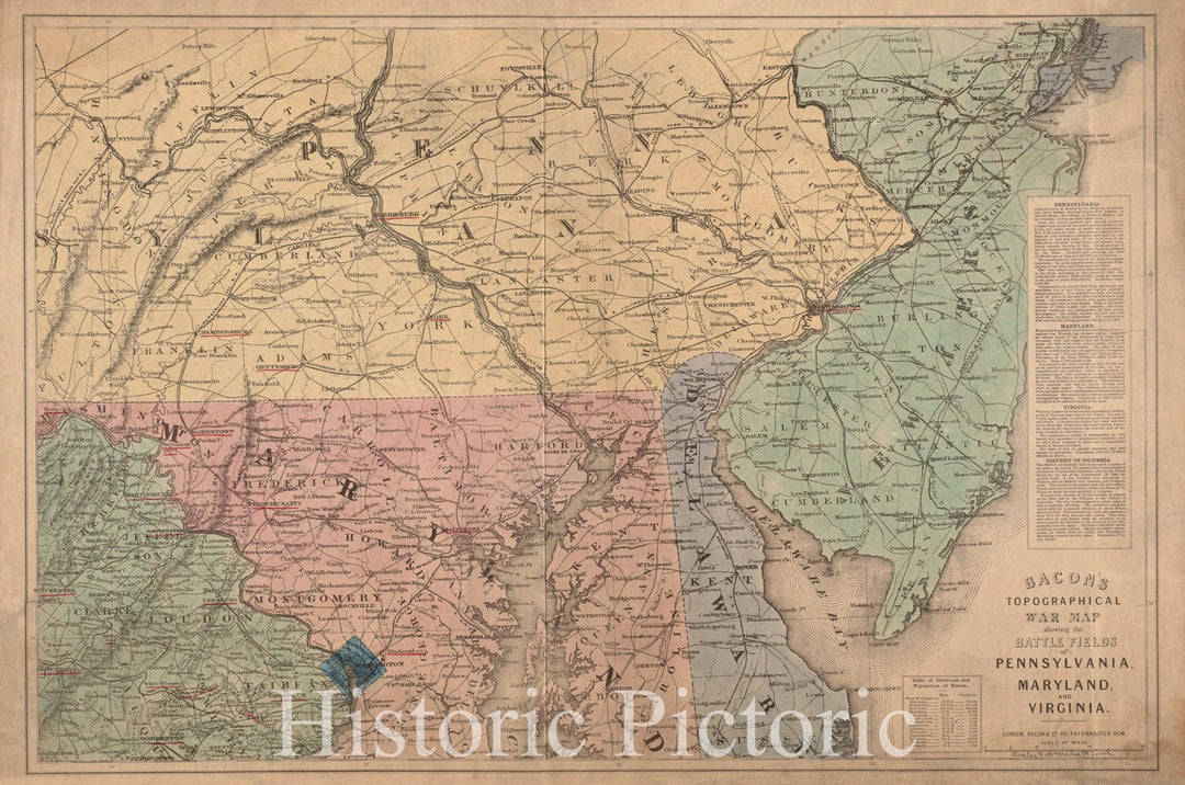 Historical Map, 1860-1869 Bacon's Topographical war map Showing The Battle Fields of Pennsylvania, Maryland, and Virginia, Vintage Wall Art