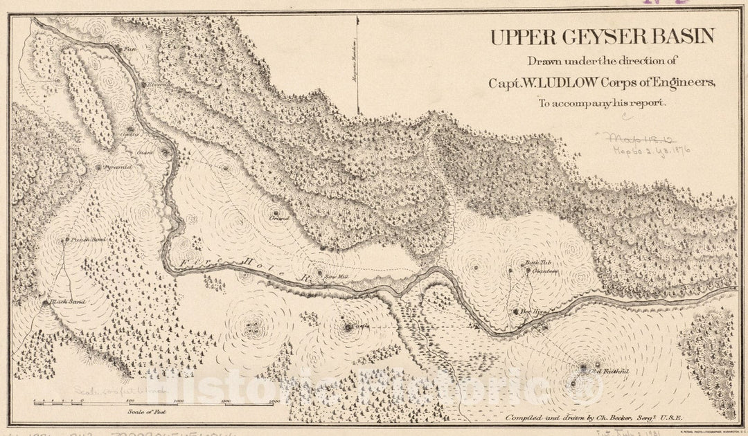 Historical Map, 1876 Upper Geyser Basin, Vintage Wall Art