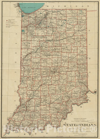 Historical Map, 1886 State of Indiana, Vintage Wall Art