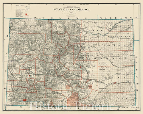 Historical Map, 1887 State of Colorado, Vintage Wall Art