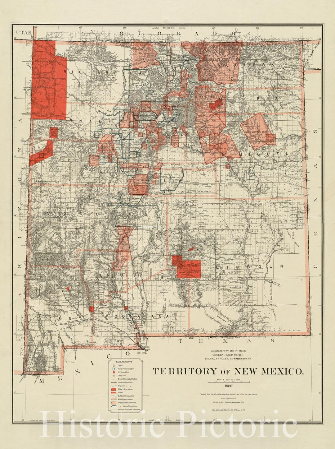 Historical Map, 1886 Territory of New Mexico, Vintage Wall Art