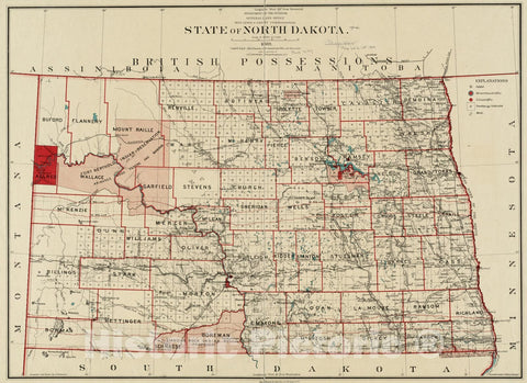 Historical Map, 1889 State of North Dakota, Vintage Wall Art