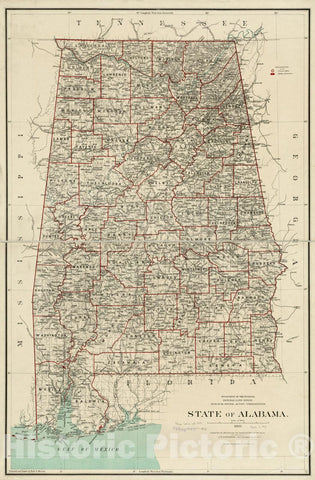 Historical Map, 1889 State of Alabama, Vintage Wall Art