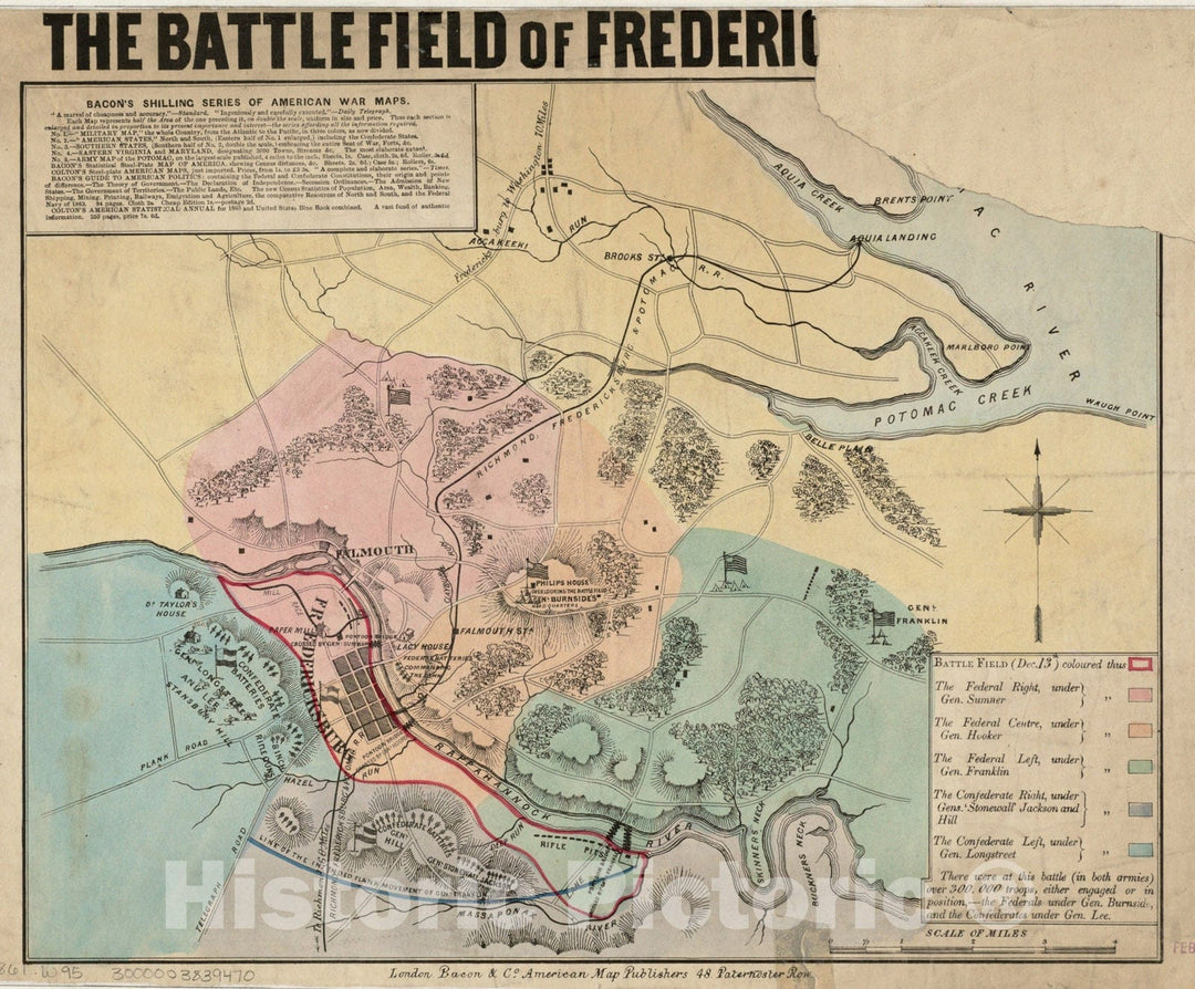 Historical Map, 1863 The Battlefield of Fredericksburg, Vintage Wall Art