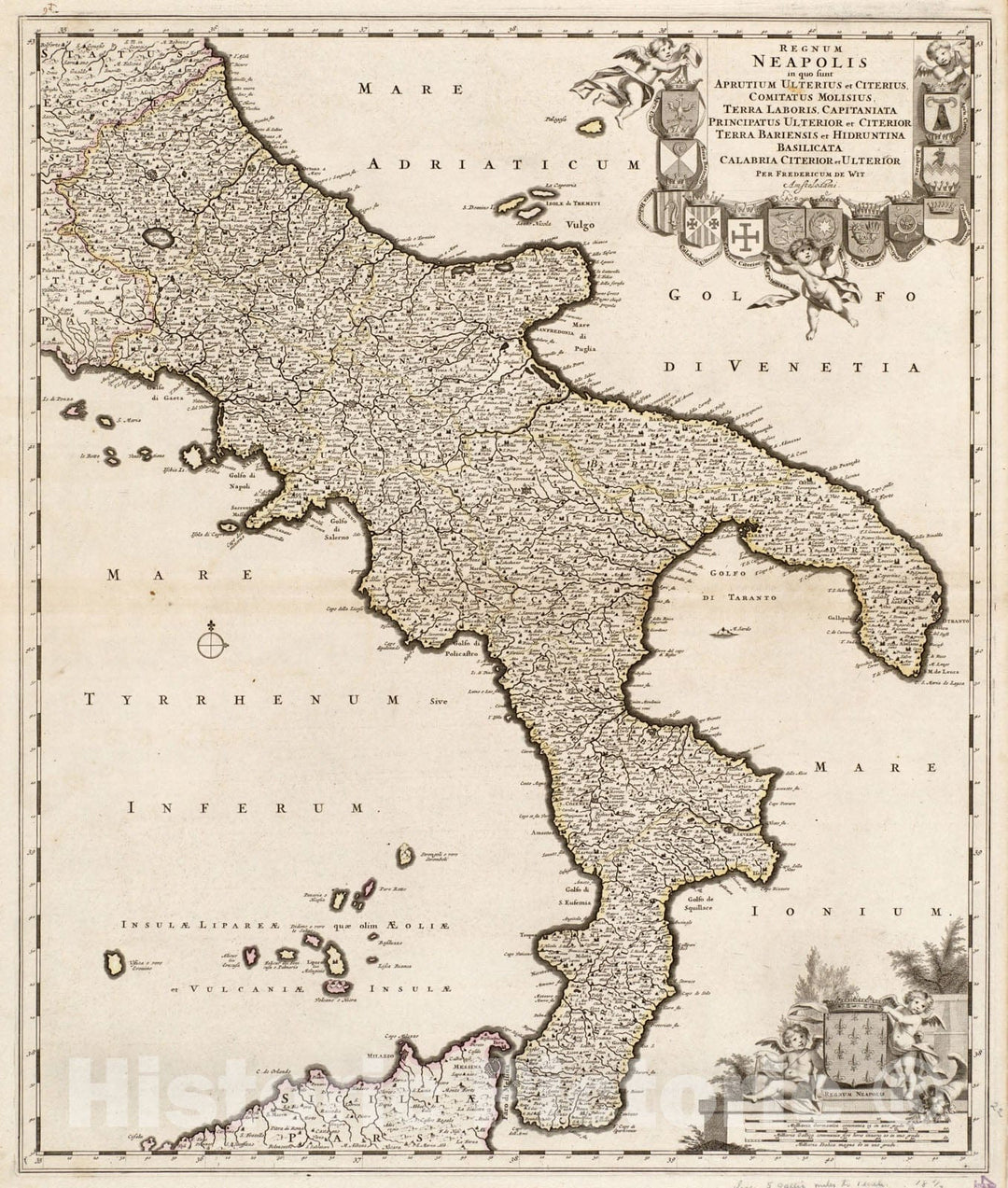 Historical Map, 1680 Regnum Neapolis : in quo sunt Aprutium ulterius et citerius, Comitatus Molisius, Terra Laboris, Capitaniata Principatus Ulterior et citerior, Vintage Wall Art