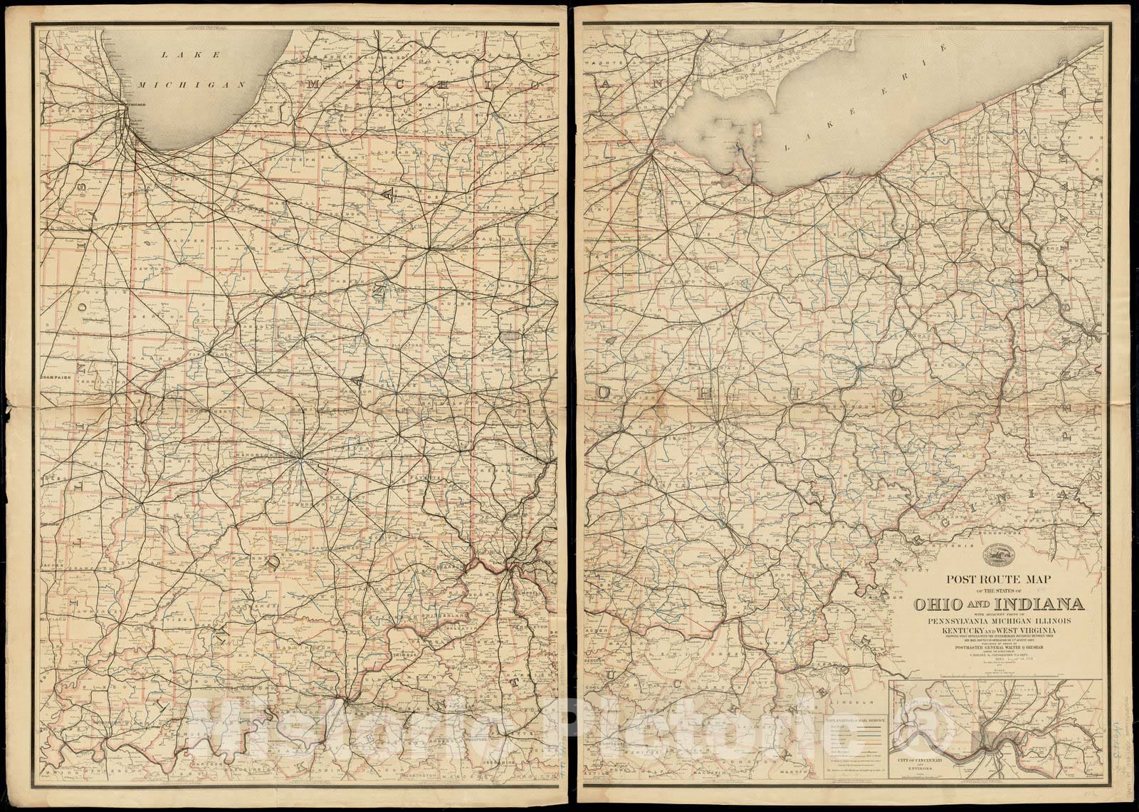 Historical Map, Post Route map of The States of Ohio and Indiana with Adjacent Parts of Pennsylvania, Michigan, Illinois, Kentucky and West Virginia, Vintage Wall Art