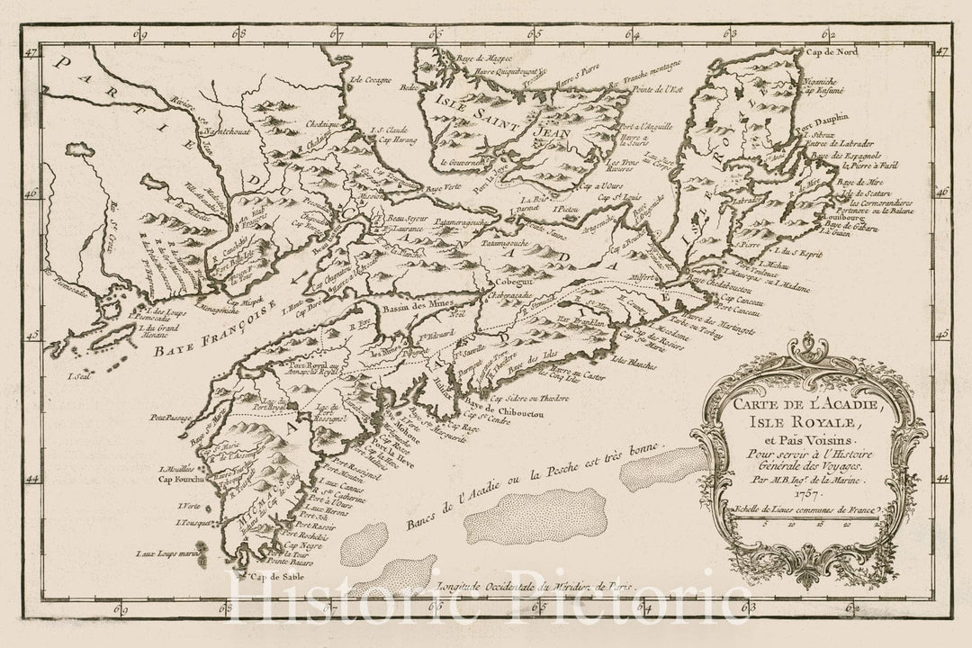 Historical Map, 1757 Carte de l'Acadie, Isle Royale, et PaiIË†s Voisins : Pour servir a l'Histoire Generale des Voyages, Vintage Wall Art