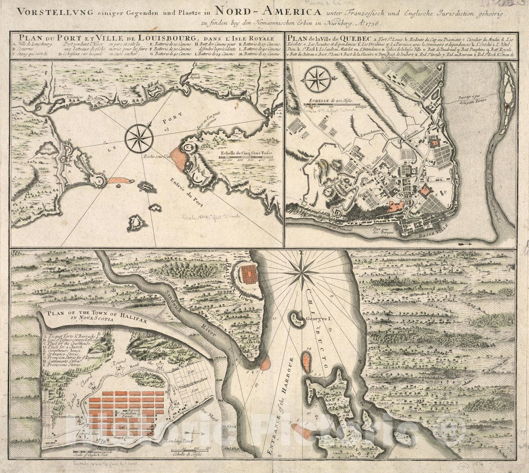 Historical Map, 1756 Vorstellung einiger Gegenden und Plaetze in Nord-America Unter Franzoesisch und Englische Jurisdiction gehoerig, Vintage Wall Art