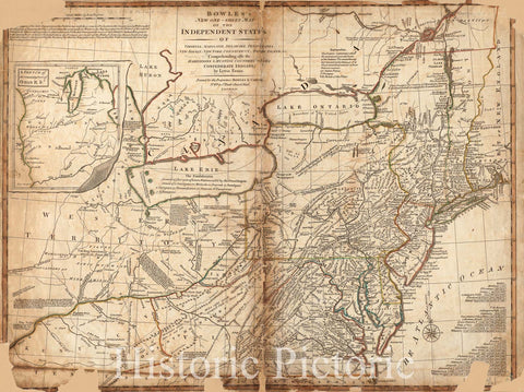 Historical Map, 1796 Bowles's New one-Sheet map of The Independent States of Virginia, Maryland, Delaware, Pensylvania, New Jersey, New York, Connecticut, Rhode Island, Vintage Wall Art