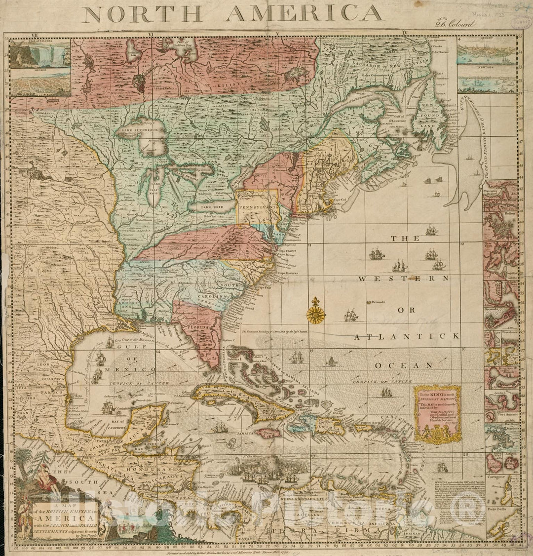 Historical Map, 1775 A map of The British Empire in America with The French and Spanish settlements Adjacent thereto, Vintage Wall Art