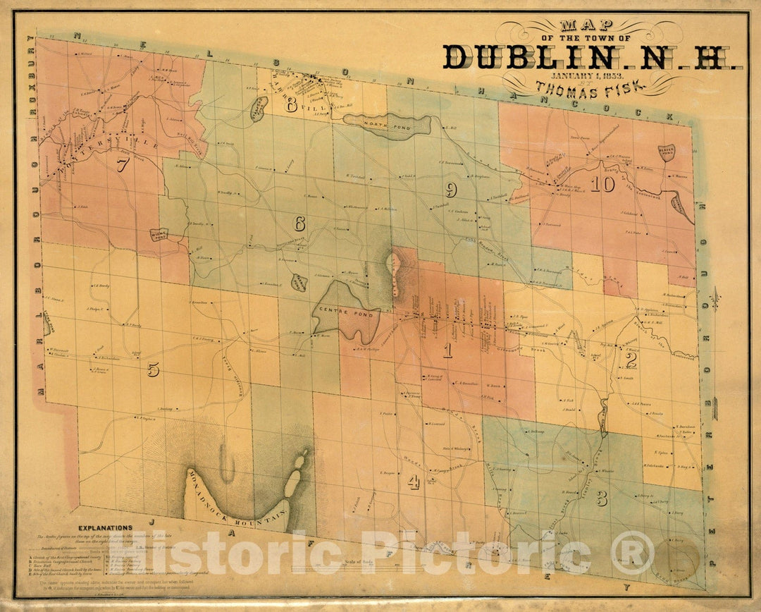 Historical Map, 1853 Map of The Town of Dublin, N.H, Vintage Wall Art