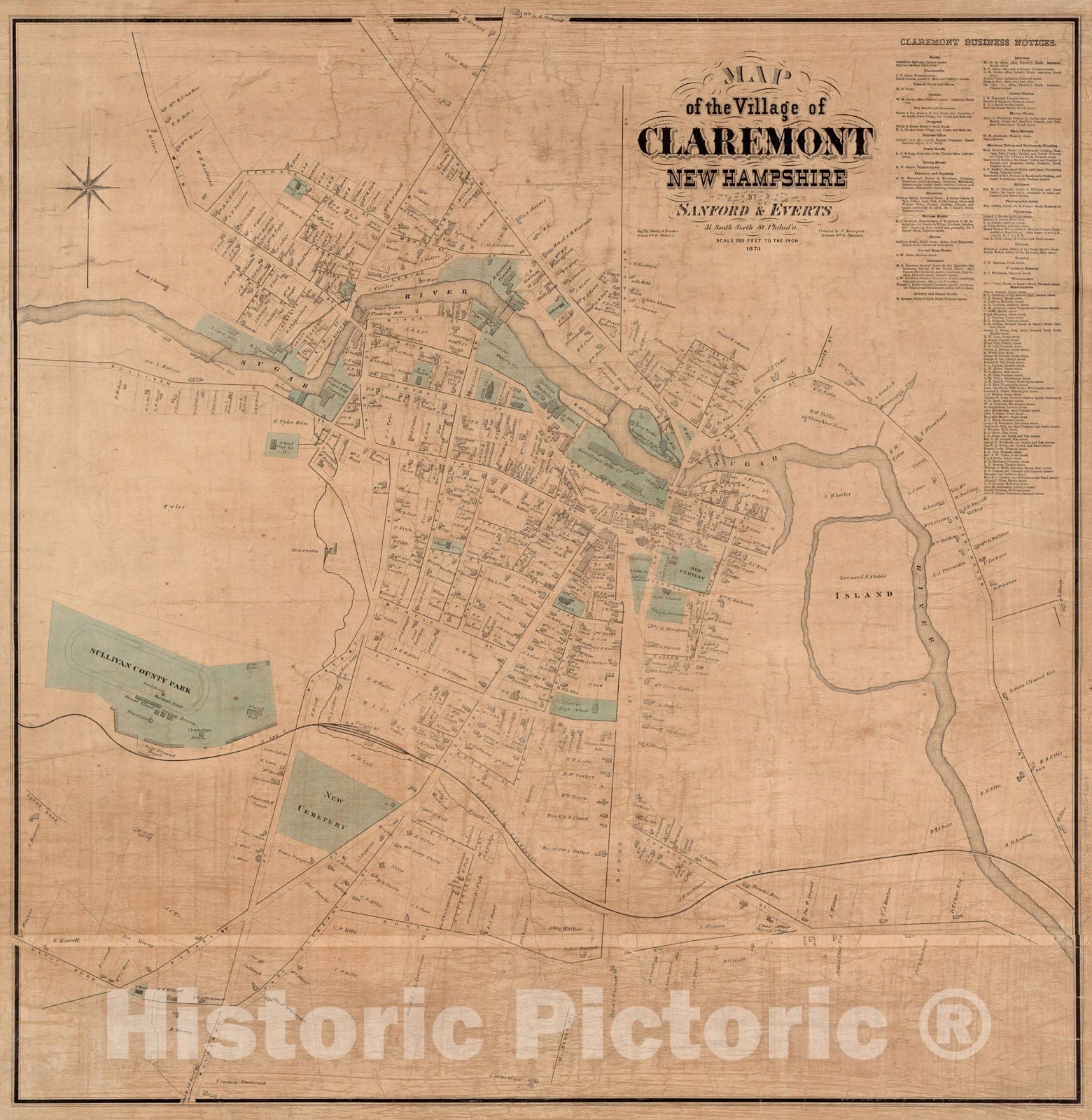 Historical Map, 1873 Map of The Village of Claremont, New Hampshire, Vintage Wall Art