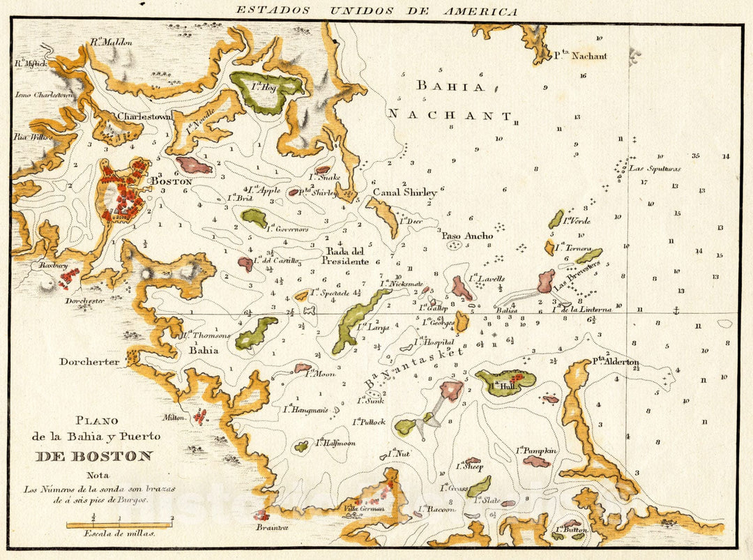 Historical Map, 1809-1825 Plano de la Bahia y Puerto de Boston, Vintage Wall Art