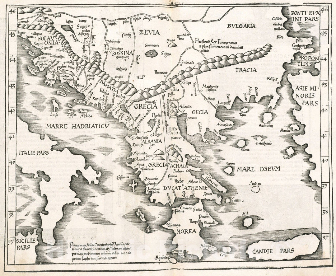 Historical Map, 1525 Ta. Moder. Bossinae, Serviae, Graeciae, et Sclavoniae, Vintage Wall Art