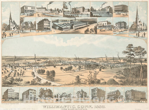 Historical Map, Willimantic, Conn, 1882 : from Blake Mountain, Vintage Wall Art