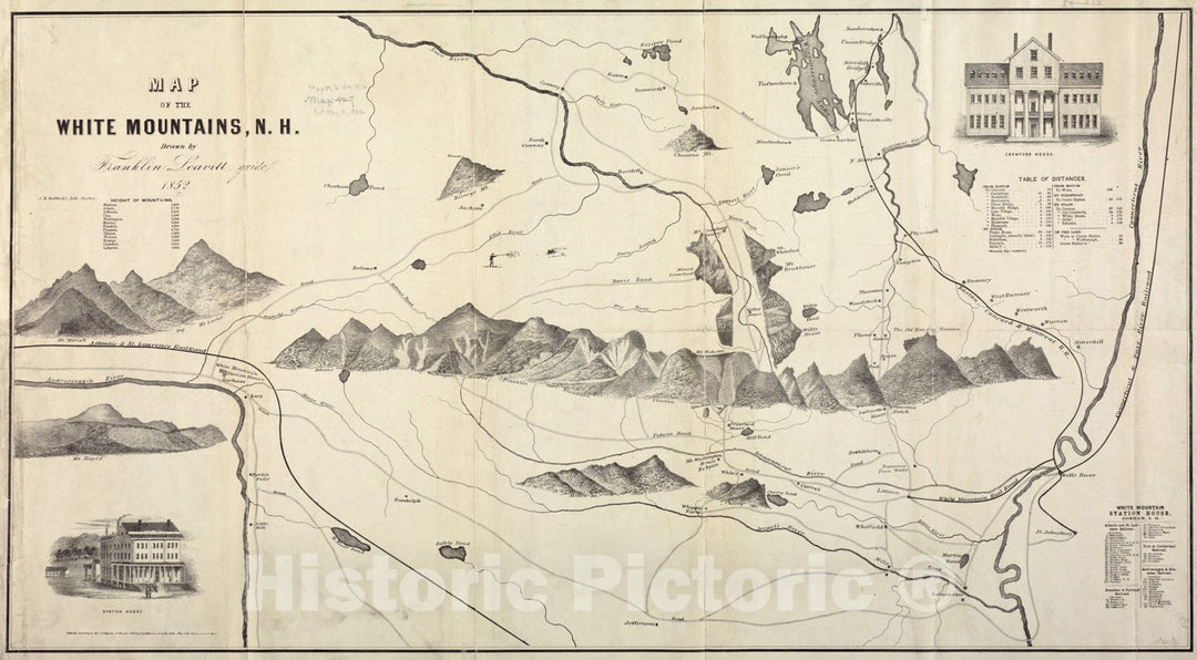 Historical Map, 1852 Map of The White Mountains, N.H, Vintage Wall Art