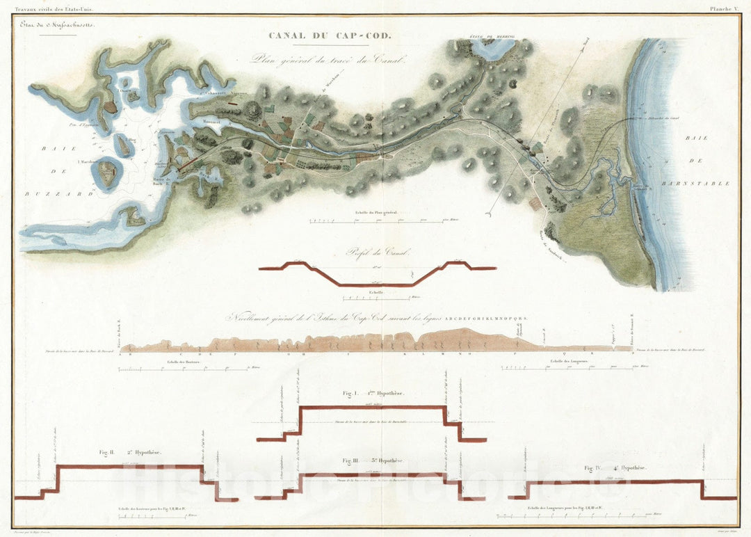 Historical Map, 1834 Canal du Cap-Cod : Plan General du Trace du Canal, Vintage Wall Art