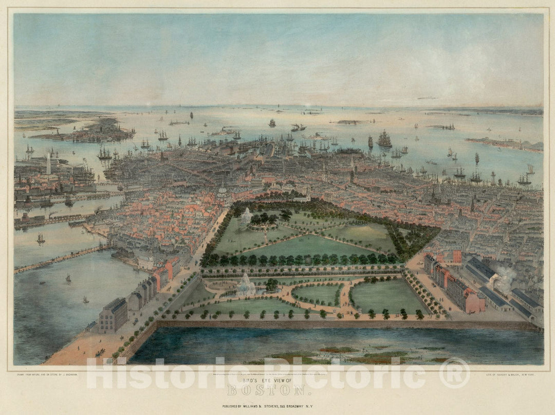 Historical Map, 1850 Bird's Eye View of Boston, Vintage Wall Art