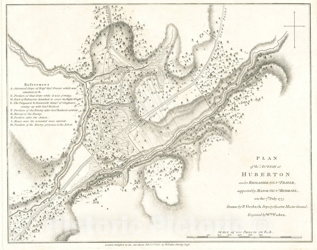 Historical Map, Plan of The Action at Huberton Under Brigadier Genl. Frazer, Supported by Major Genl. Reidesel, on The 7th July 1777, Vintage Wall Art