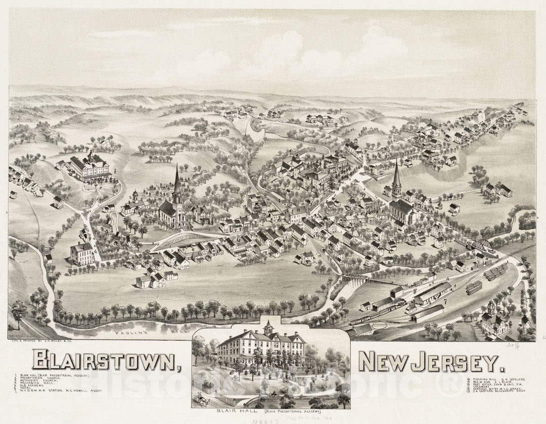 Historical Map, 1883 Blairstown, New Jersey, Vintage Wall Art