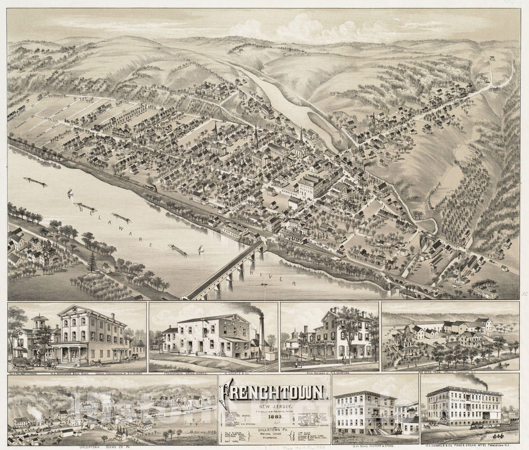 Historical Map, 1883 Frenchtown : New Jersey, Vintage Wall Art