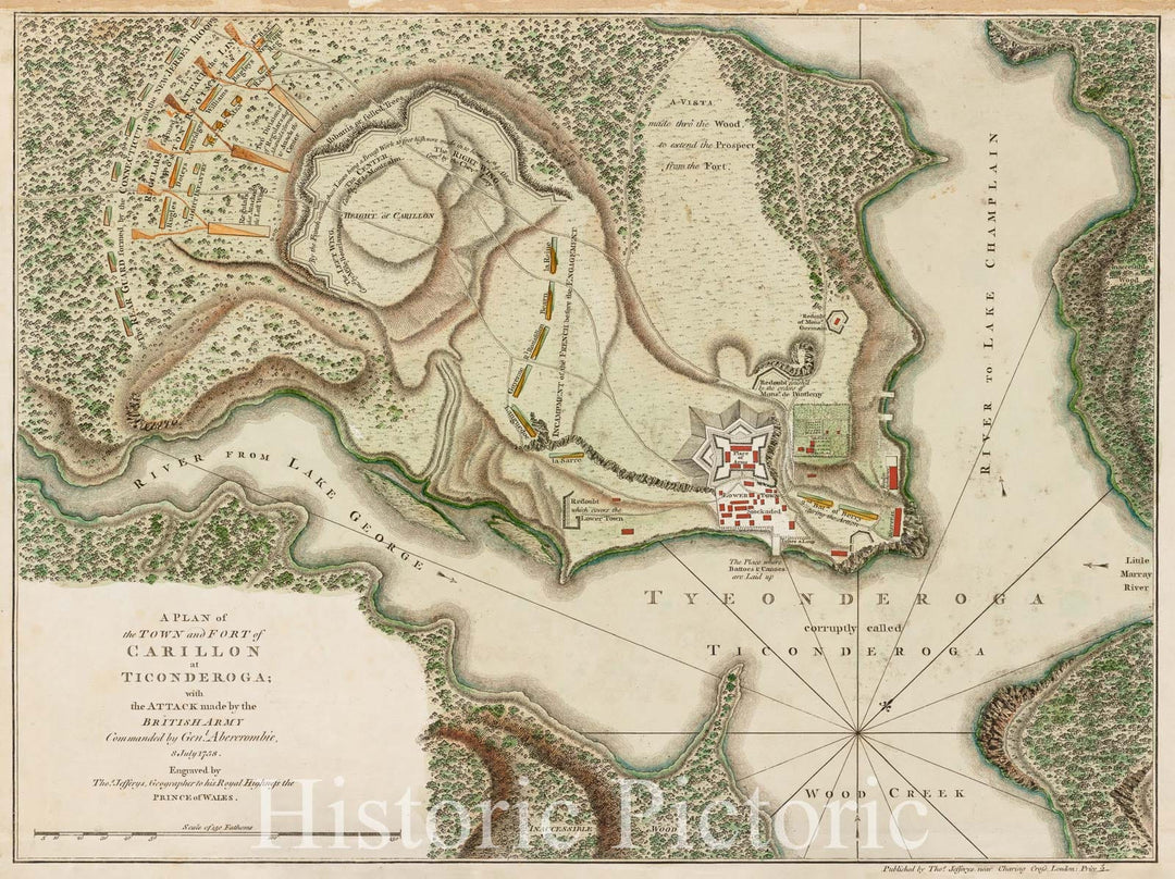Historical Map, A Plan of The Town and Fort of Carillon at Ticonderoga : with The Attack Made by The British Army commanded by Genl. Abercrombie, 8 July 1758, Vintage Wall Art