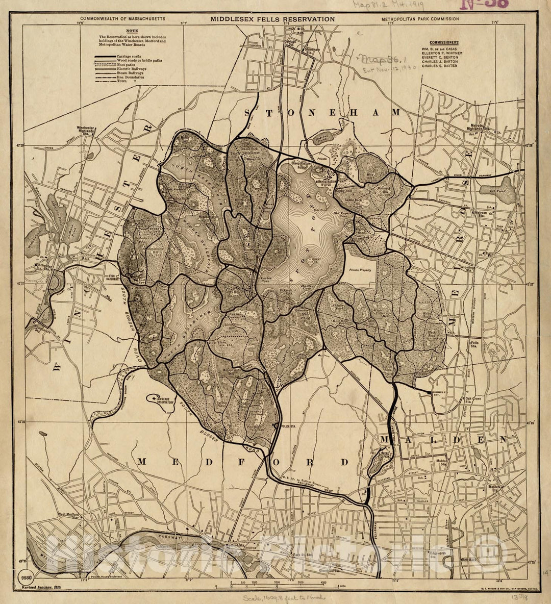 Historical Map, 1919 Middlesex Fells Reservation, Vintage Wall Art
