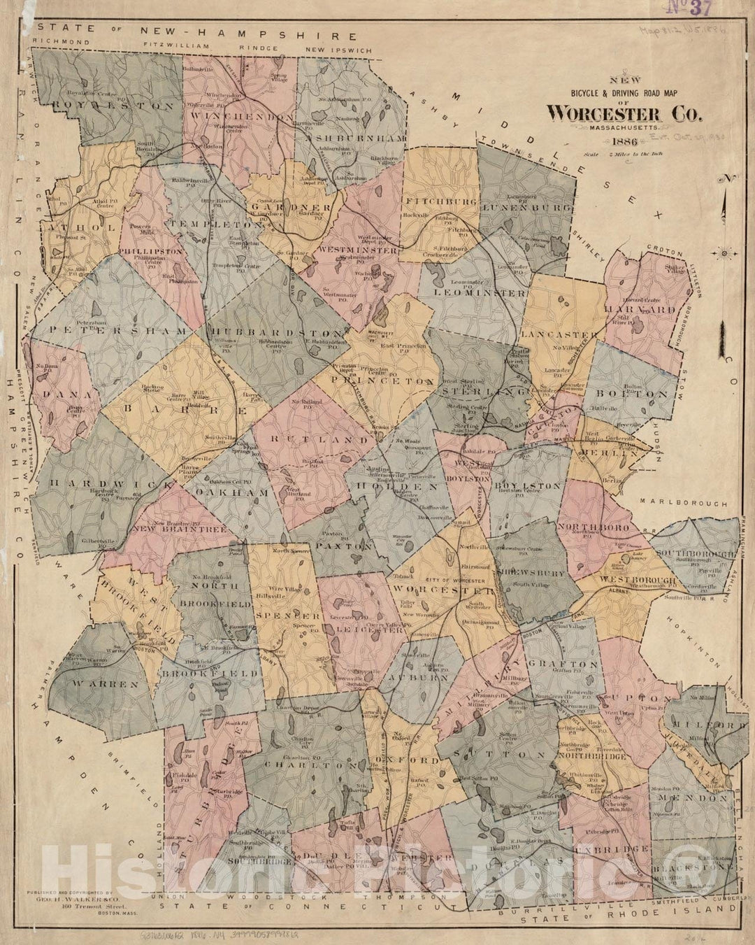Historical Map, ca. 1886 New Bicycle & Driving Road map of Worcester Co, Massachusetts, Vintage Wall Art