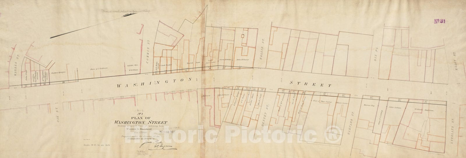 Historical Map, Plan of Washington Street showing proposed lines of widening from Warren to Kneeland : Oct. 1st 1860, Vintage Wall Art