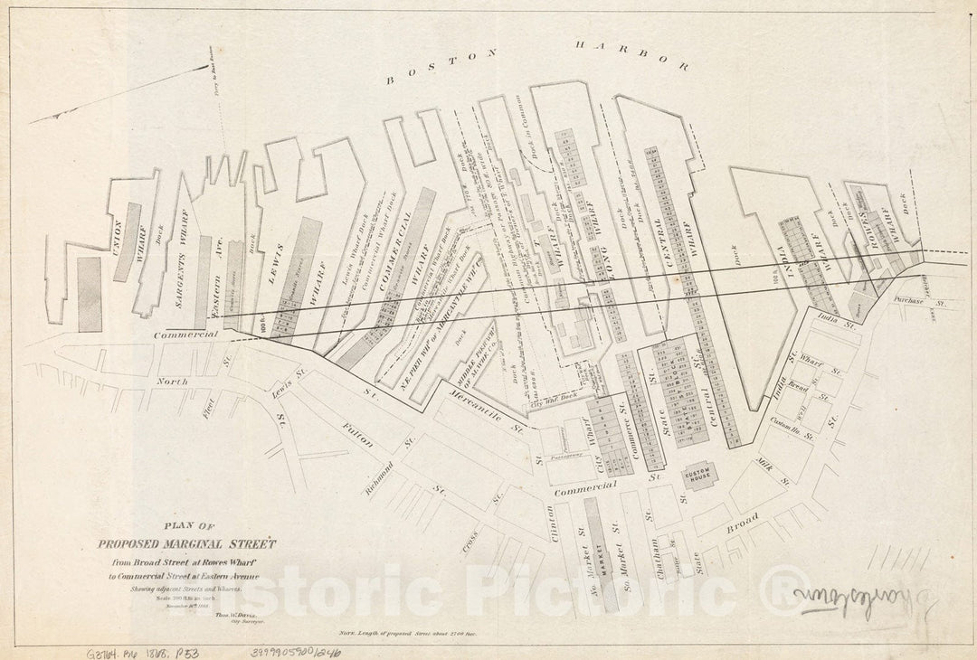 Historical Map, 1868 Plan of Proposed Marginal Street from Broad Street at Rowe's Wharf to Commercial Street at Eastern Avenue : Showing Adjacent Streets and Wharves, Vintage Wall Art