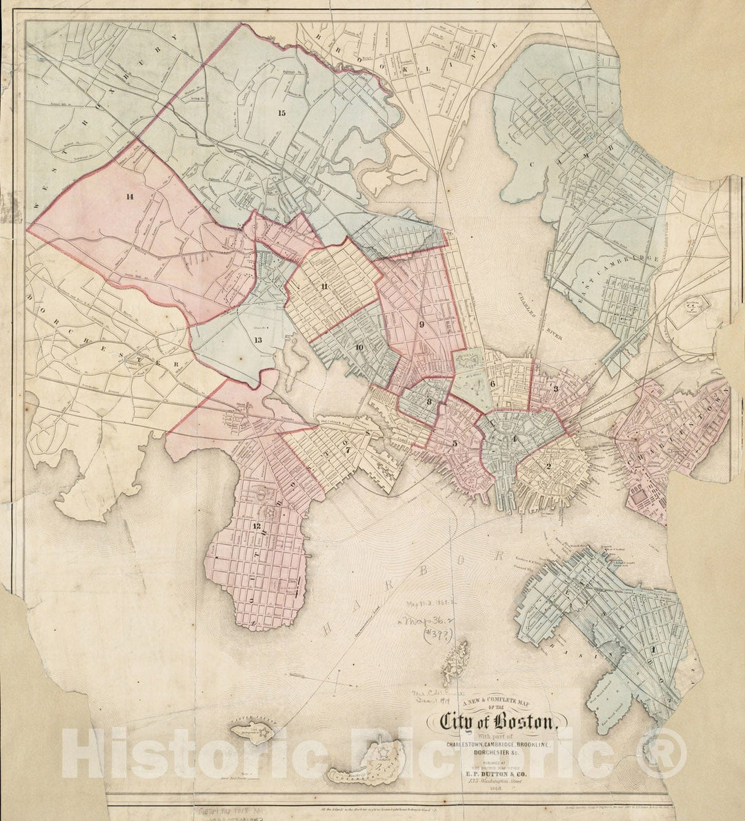 Historical Map, 1868 A New & Complete map of The City of Boston, with Part of Charlestown, Cambridge, Brookline, Dorchester et Cetera, Vintage Wall Art