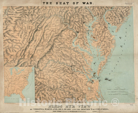 Historical Map, 1861 The seat of war : Birds Eye View of Virginia, Maryland, Delaware, and The District of Columbia, Vintage Wall Art