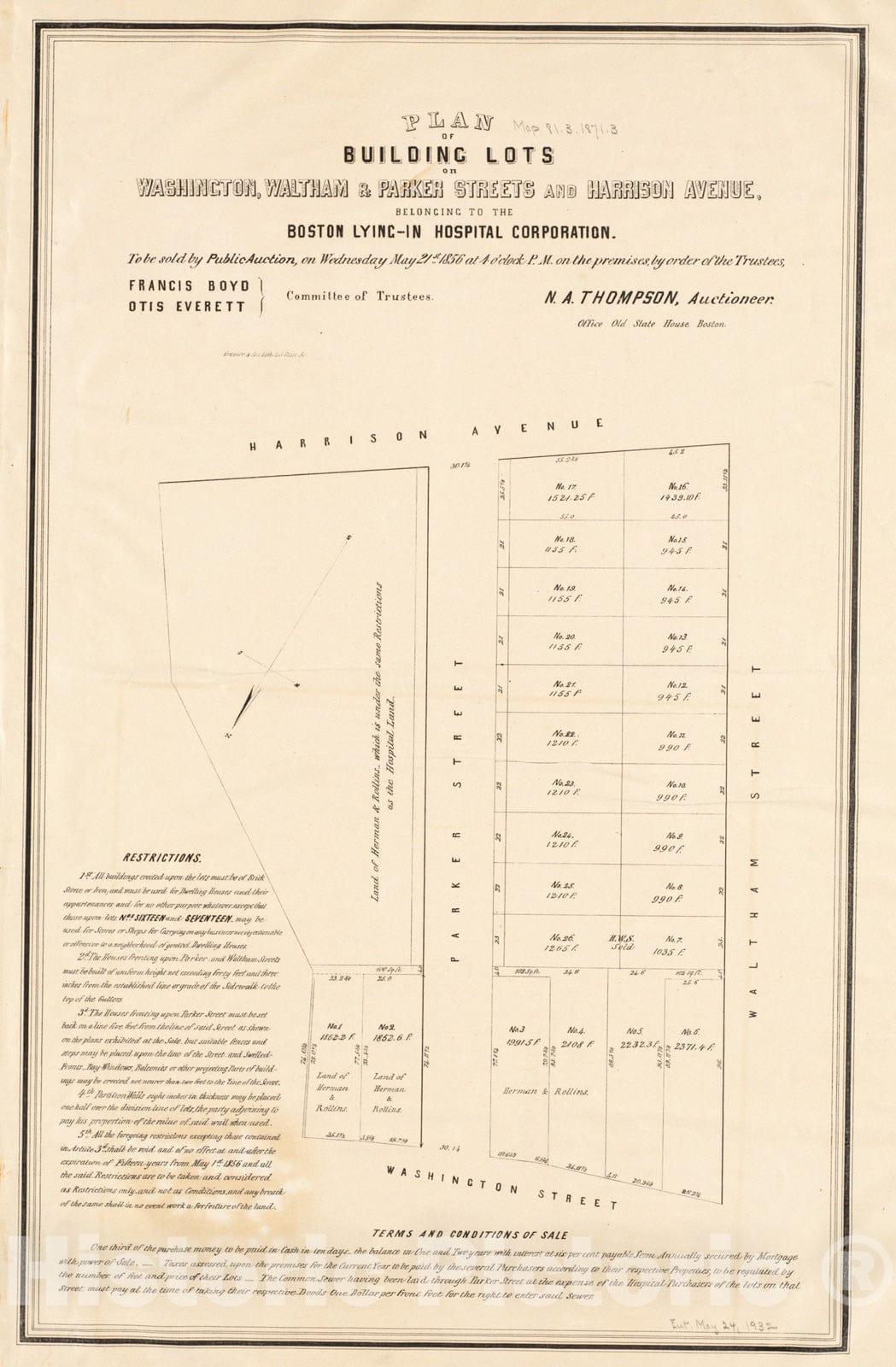 Historical Map, Plan of building lots on Washington, Waltham & Parker Streets and Harrison Avenue, belonging to the Boston Lying-In Hospital Corporation, Vintage Wall Art