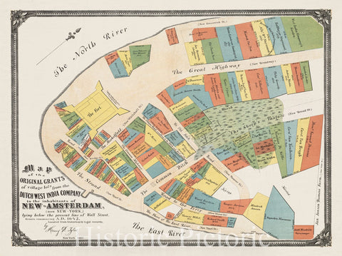 Historical Map, Map of The Original Grants of Village Lots from The Dutch West India Company to The inhabitants of New-Amsterdam (Now New-York), Vintage Wall Art