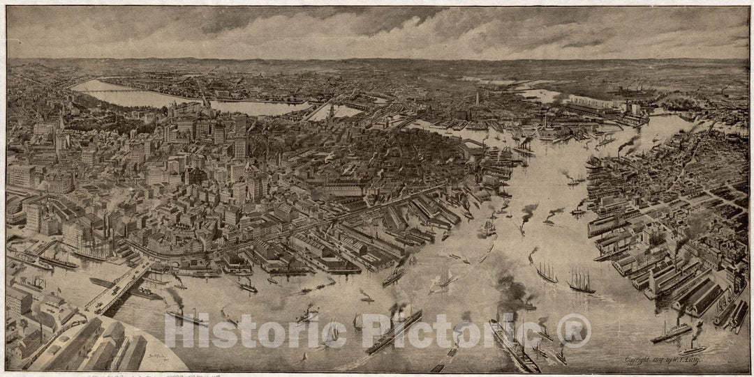 Historical Map, ca. 1907 [Bird's-Eye View of Boston], Vintage Wall Art