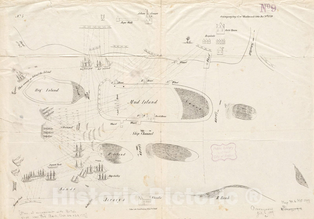 Historical Map, [Plan of Engagement with British Ships Near Red Bank, New Jersey, October 22 and 23, 1777], Vintage Wall Art