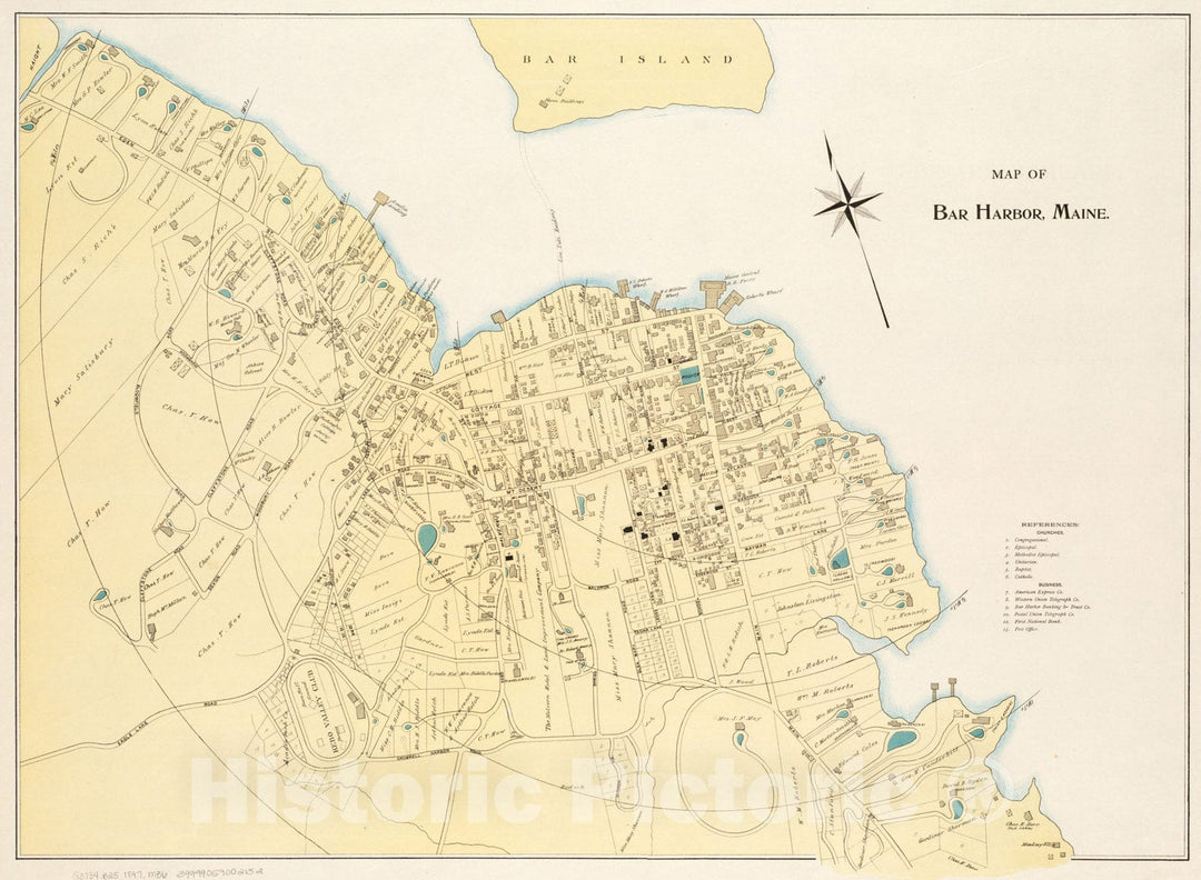Historical Map, 1897 Map of Bar Harbor, Maine, Vintage Wall Art